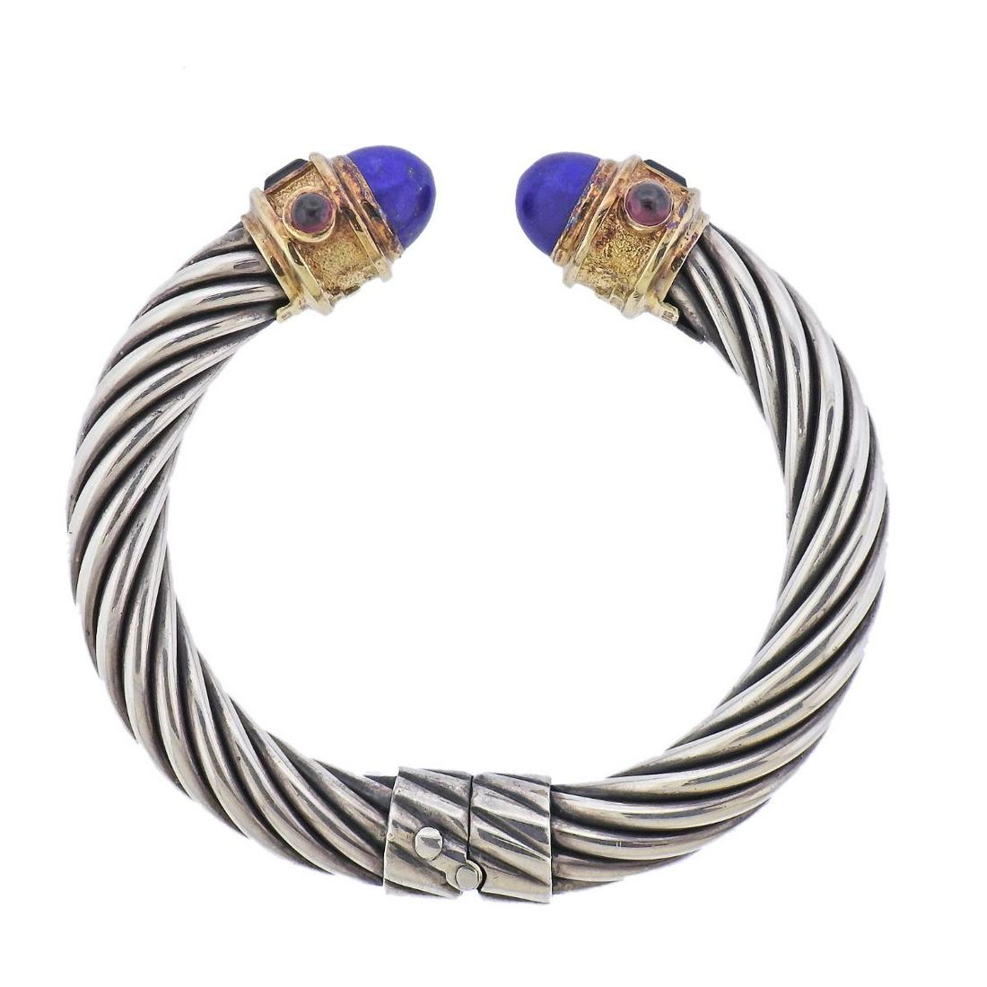 David Yurman Renaissance Silver 14k Gold Lapis Tourmaline Bracelet: Metal : 14k Gold/ Sterling Silver Designer : David Yurman Gemstone : Lapis, Tourmaline, Topaz Measurements : Bracelet will fit approx. 7" wrist and is 10mm wide Marked: : Sterling, 14k, D.