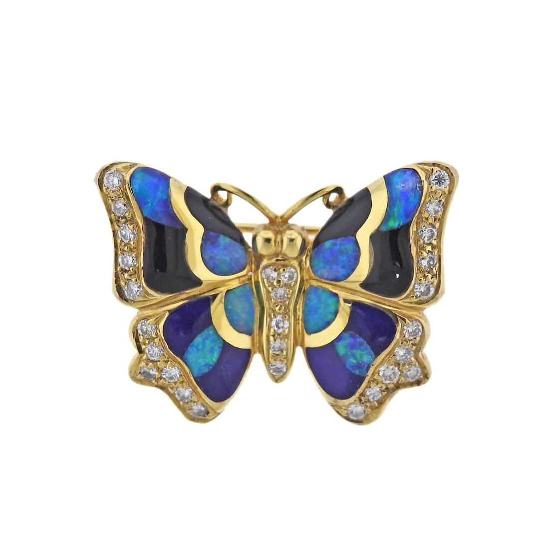 Asch Grossbardt 14k Gold Inlay Gemstone Diamond Butterfly Brooch (1 of 3)