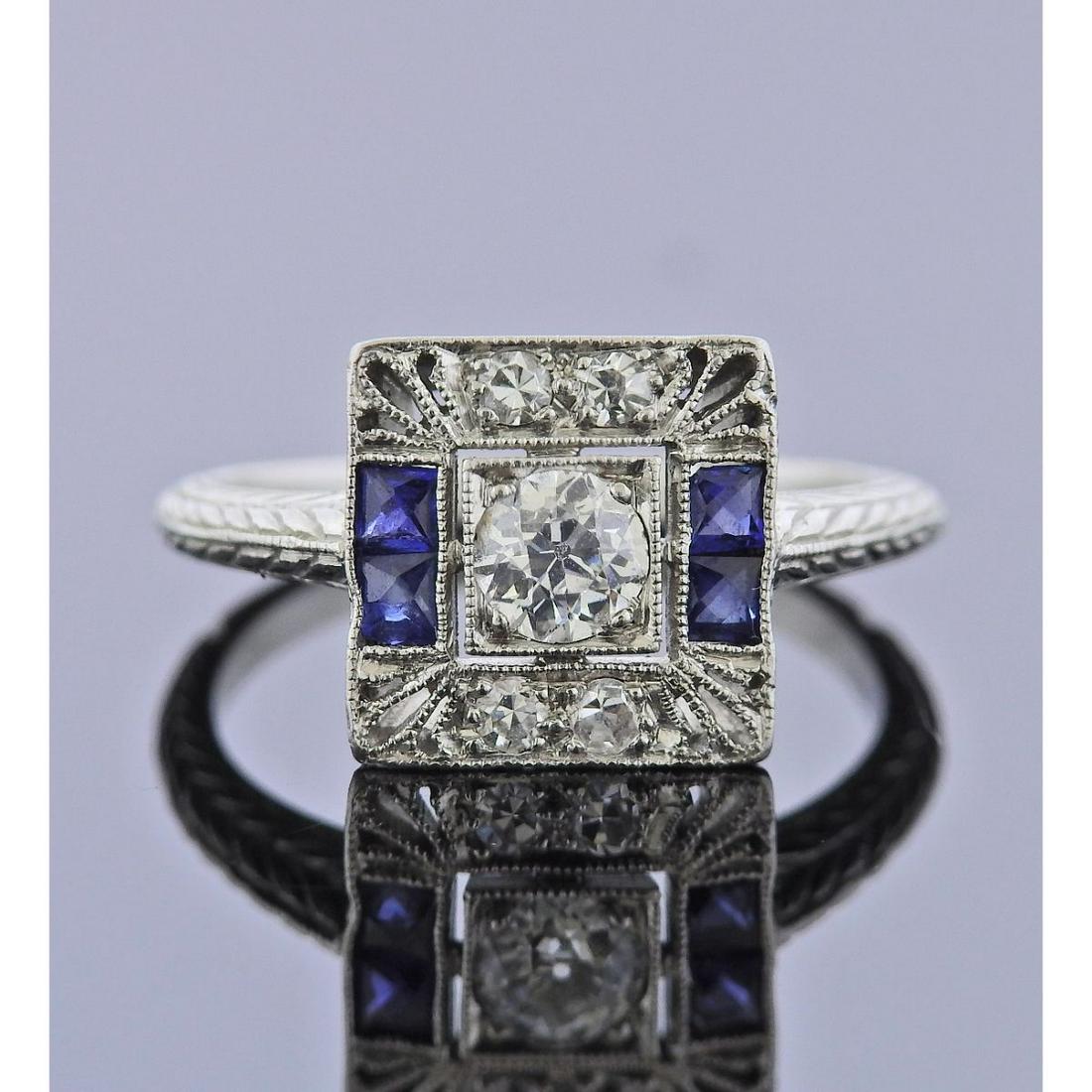 Art Deco Platinum Diamond Sapphire Ring (1 of 3)