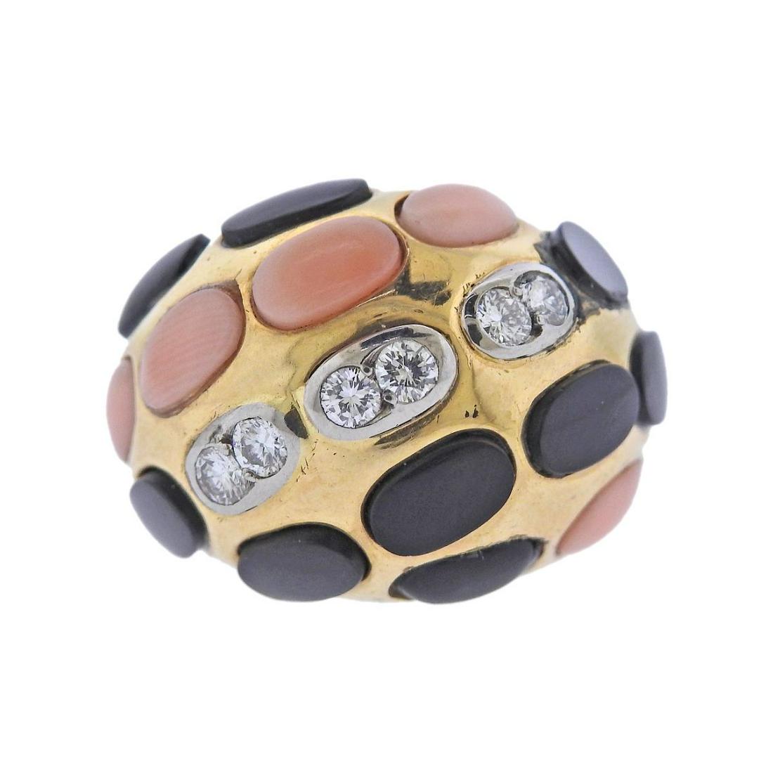 French 18k Gold Diamond Coral Onyx Dome Ring (1 of 4)