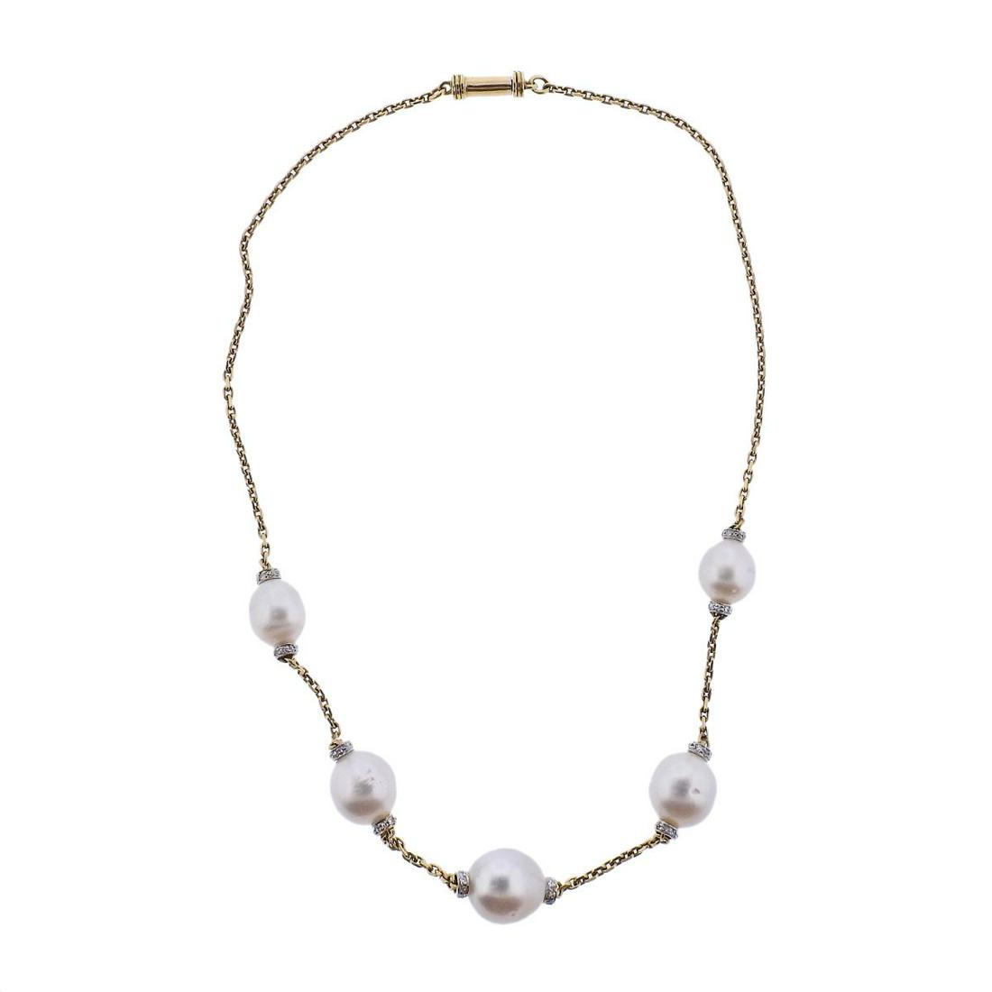 David Webb Pearl Diamond Gold Platinum Necklace: Metal : 18k Gold/ Platinum Designer : David Webb Gemstone : Pearls 11.8 x 12.7mm, Diamonds approx. 0.30ctw Measurements : Necklace is 16" long Marked: : Webb 18k Plat Weight: 21.4 g