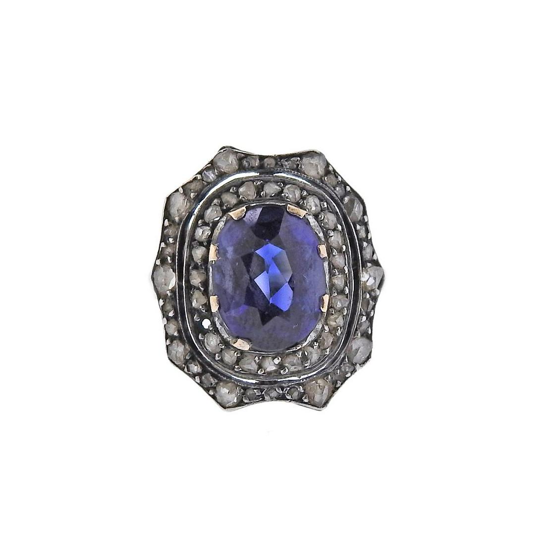 Antique Gold Silver Diamond Blue Stone Ring (1 of 3)