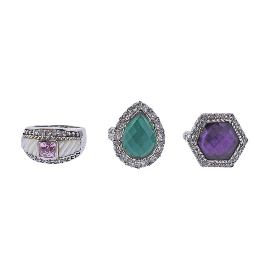 Judith Ripka Silver Gemstone Ring Lot of 3: Metal : Sterling Silver Designer : Judith Ripka Gemstone : MOP, Cubic Zirconia, Crystal Measurements : Ring sizes - 9 (purple), 8 (pink) and 9 (green) Marked: : 925 , CZ, Thailand, Judith