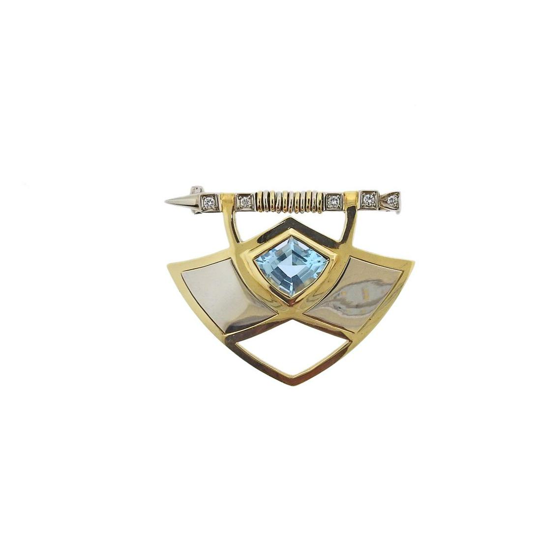 Manfredi 18k Gold Blue Topaz Diamond Brooch Pin (1 of 4)