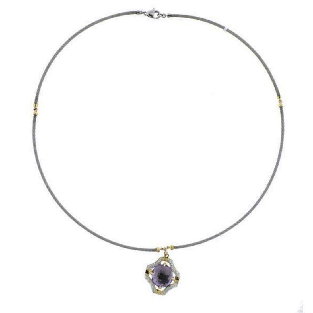 Charriol 18k Gold Steel Diamond Amethyst Pendant Necklace: Metal : 18k Gold/ Steel Designer : Charriol Gemstone : Diamonds approx. 0.11ctw, Amethyst Measurements : Necklace is 17" long, pendant is 21 x 15mm Marked: : Charrio,, Au750, Steel