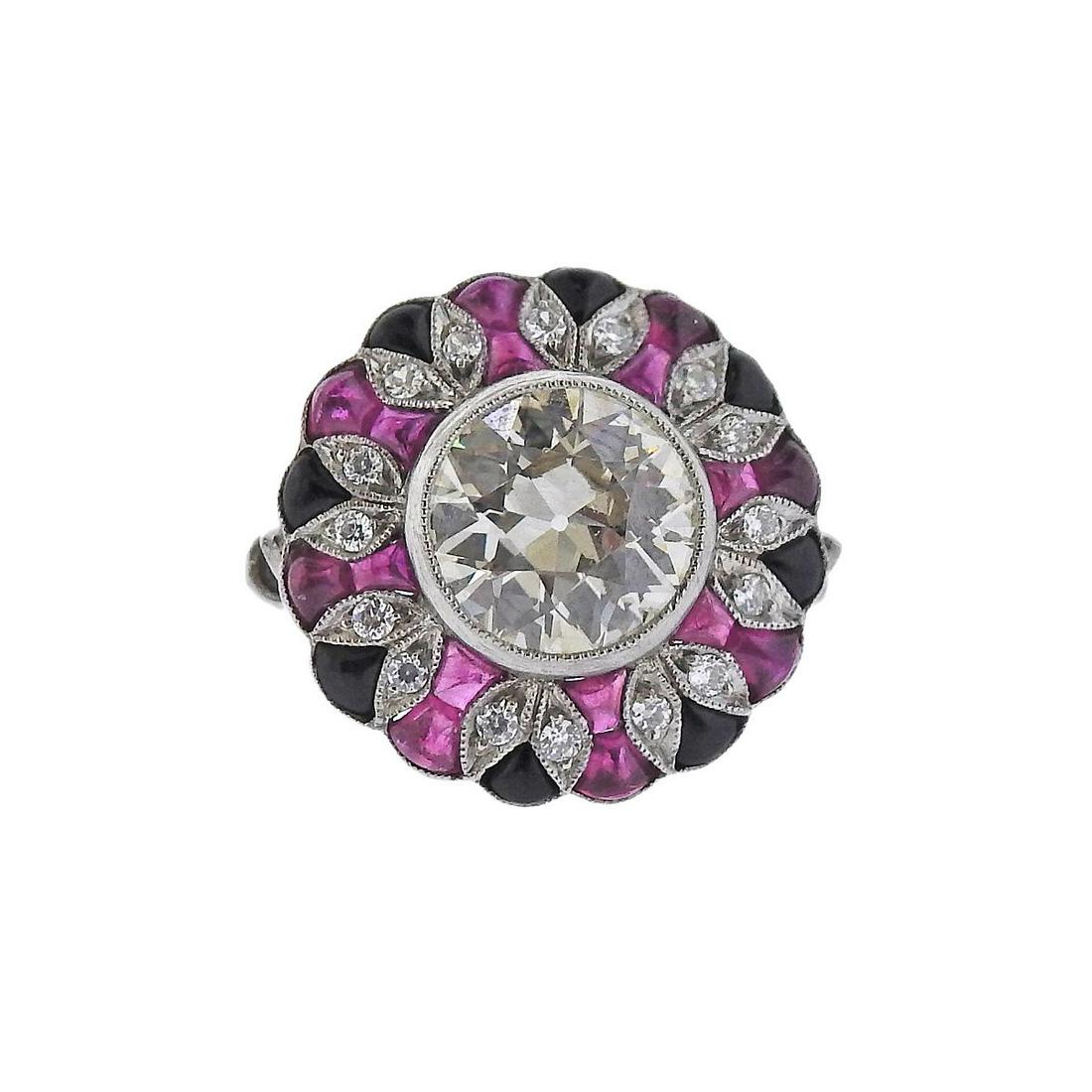 Platinum Old European Diamond Ruby Onyx Engagement Ring (1 of 3)