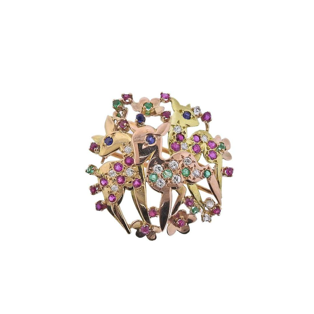 Retro 18k Gold Diamond Gemstone Bambi Brooch Pin (1 of 4)