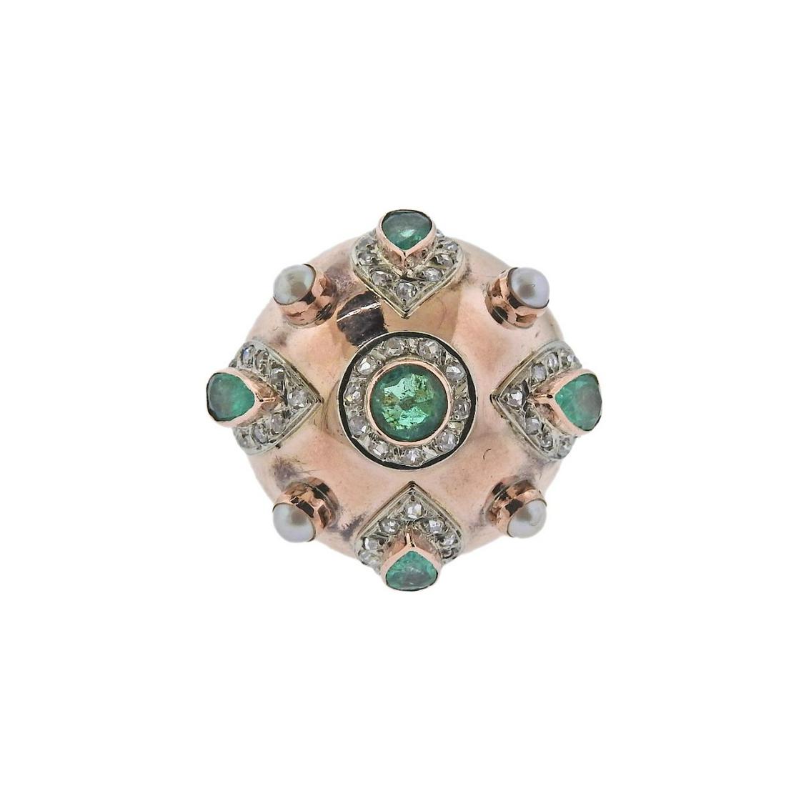 Retro 14k Rose Gold Diamond Pearl Emerald Dome Ring (1 of 4)