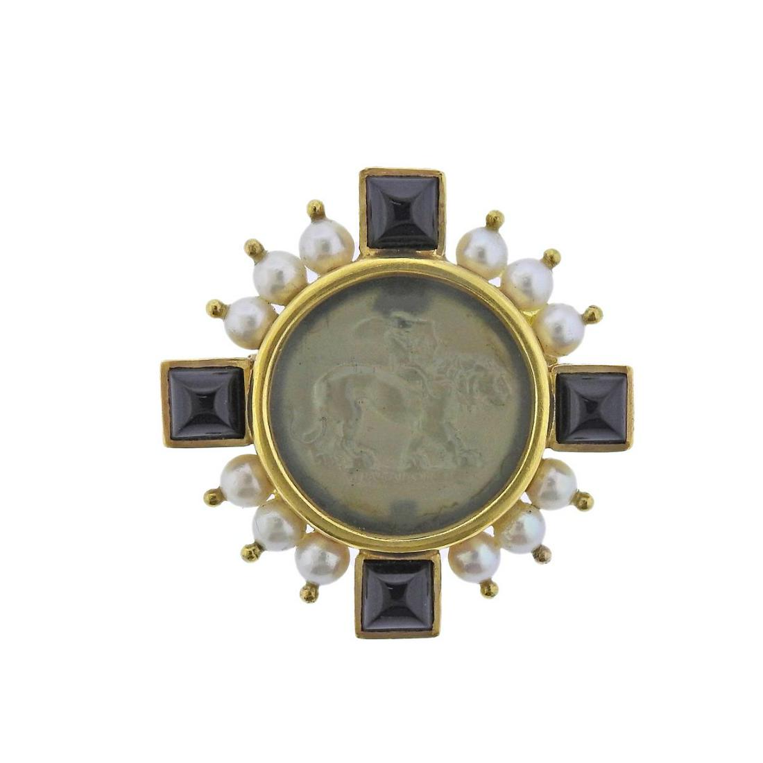 Elizabeth Locke Venetian Glass Intaglio Onyx Pearl Gold Brooch Pendant: Metal : 18k Yellow Gold Designer : Elizabeth Locke Gemstone : Onyx, Pearl, Venetian glass intaglio Measurements : Brooch/Pendant is 53mm long with bail x 46mm wide Marked: : E Hallmark, 18k<