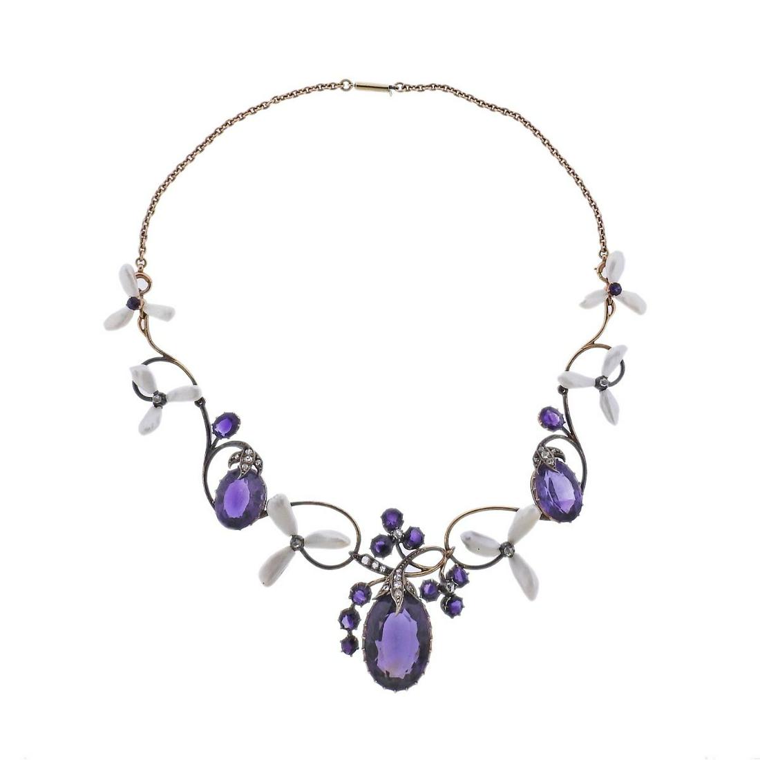 Antique Victorian Gold Silver Pearl Diamond Amethyst Necklace (1 of 3)