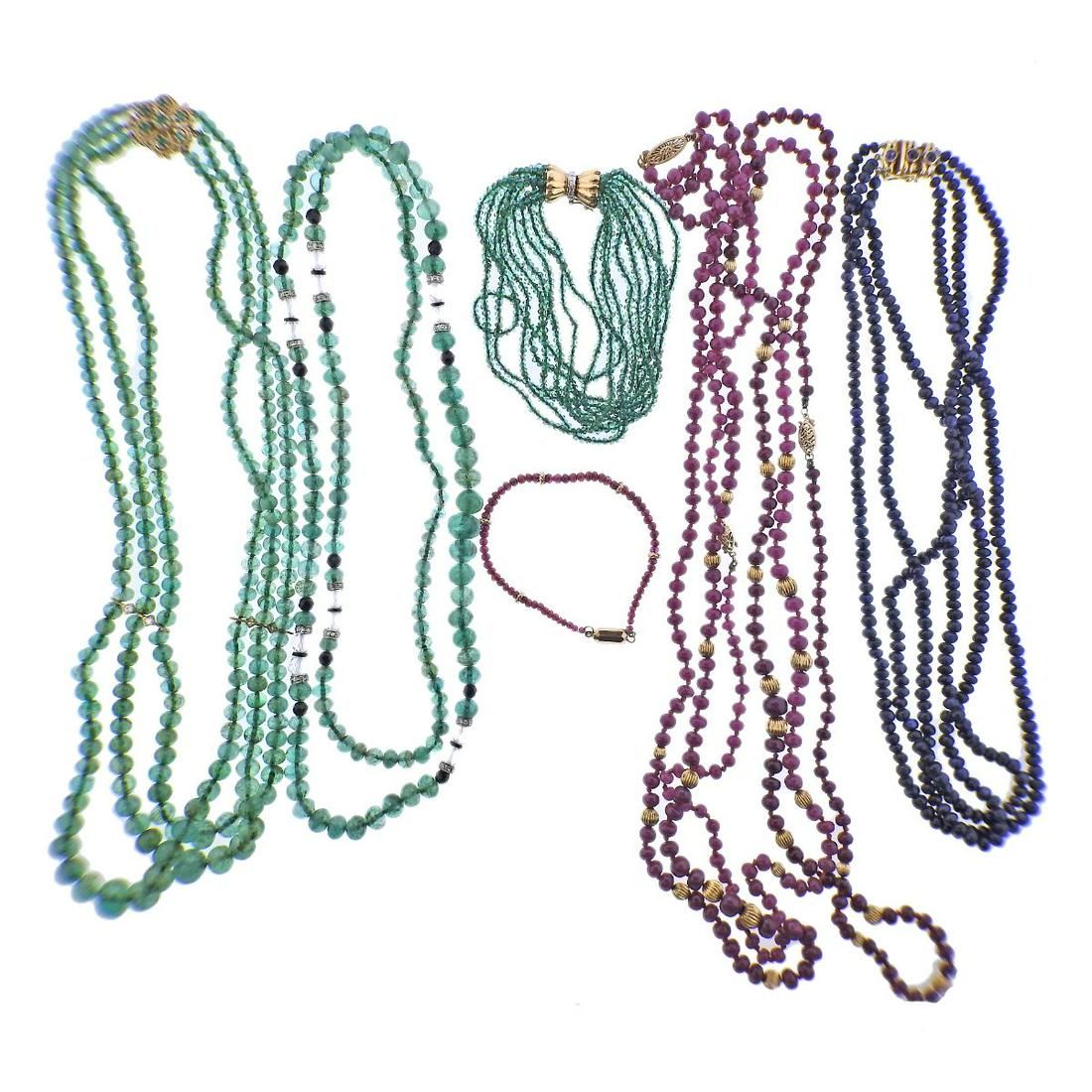 14k Gold Sapphire Ruby Emerald Diamond Necklace Bracelet Lot 8pc: Metal : 14k Gold Designer : Not Signed Gemstone : Ruby, Sapphire, Emerald beads - from approx. 2mm to 10mm, Diamonds, Crystal, Onyx Measurements : Lot includes 3 ruby necklaces - 22" , 26" , 23" long;