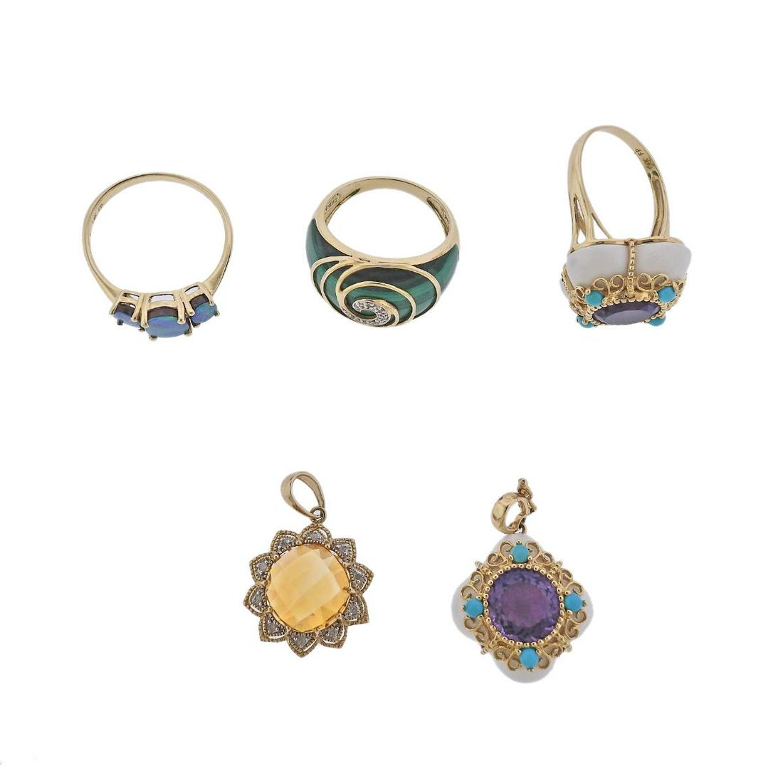 Gold DIamond Multi Gemstone Ring Pendant Lot 5pc: Metal : 14k and 10k Gold ( citrine pendant only) Designer : Not Signed Gemstone : Diamonds, Malachite, Opal, Amethyst, Turquoise, Citrine Measurements : Ring sizes - 8.25, 8.25 and 9. Pendants