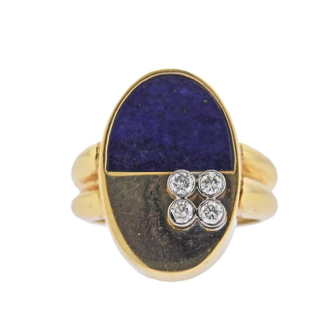 1970s 18k Gold Lapis Diamond Ring: Metal : 18k Gold Designer : Not Signed Gemstone : Lapis, Diamonds approx. 0.20ctw (one stone is chipped) Measurements : Ring size 6, top is 20mm x 15mm Marked: : 18k Weight: 9.2 gra