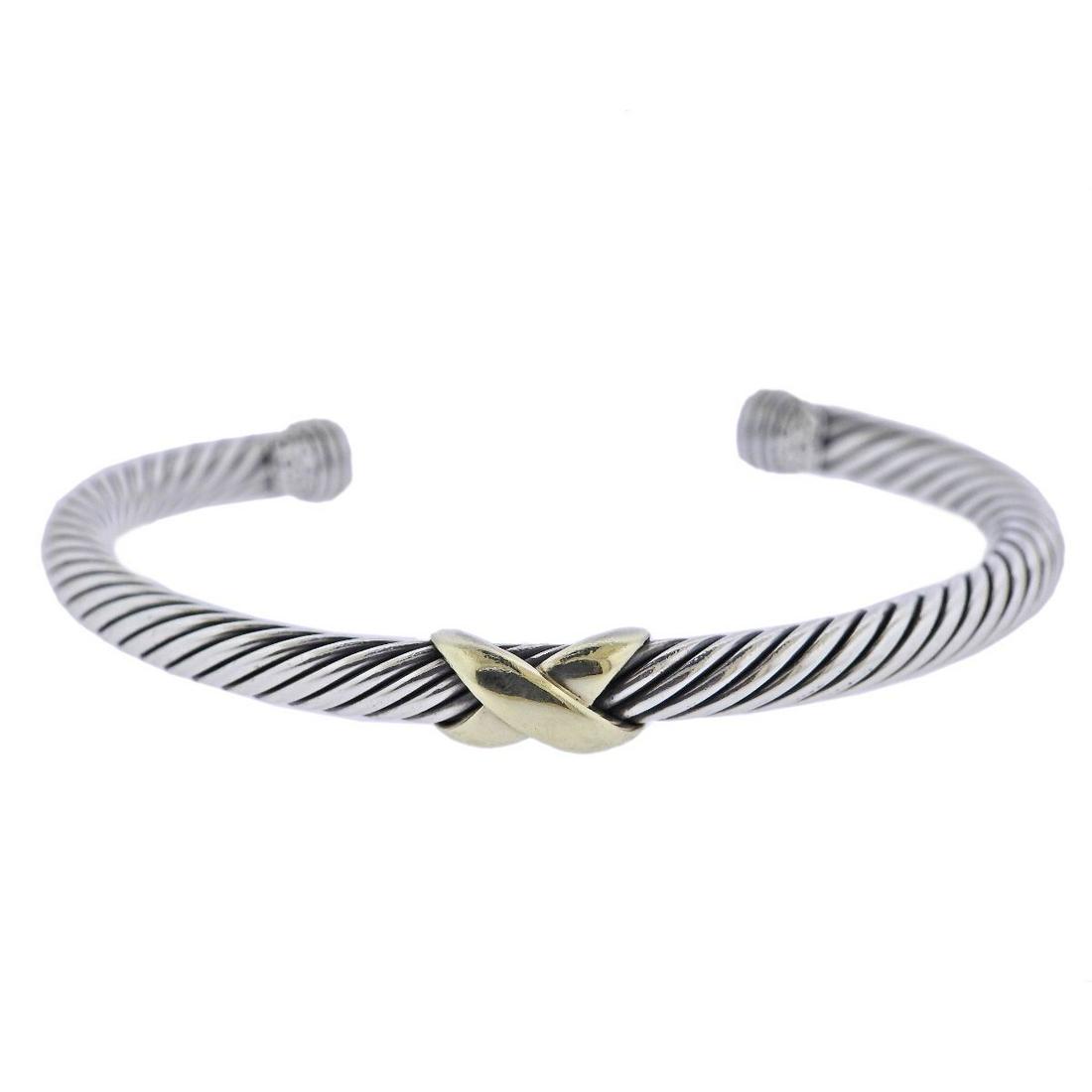 David Yurman Silver 14k Gold Cable X Bracelet: Metal : 14k Gold/ Sterling Silver Designer : David Yurman Gemstone : None Measurements : Bracelet will fit approx. 7" wrist Marked: : 585 925, D.Y. Weight: 26.7 grams