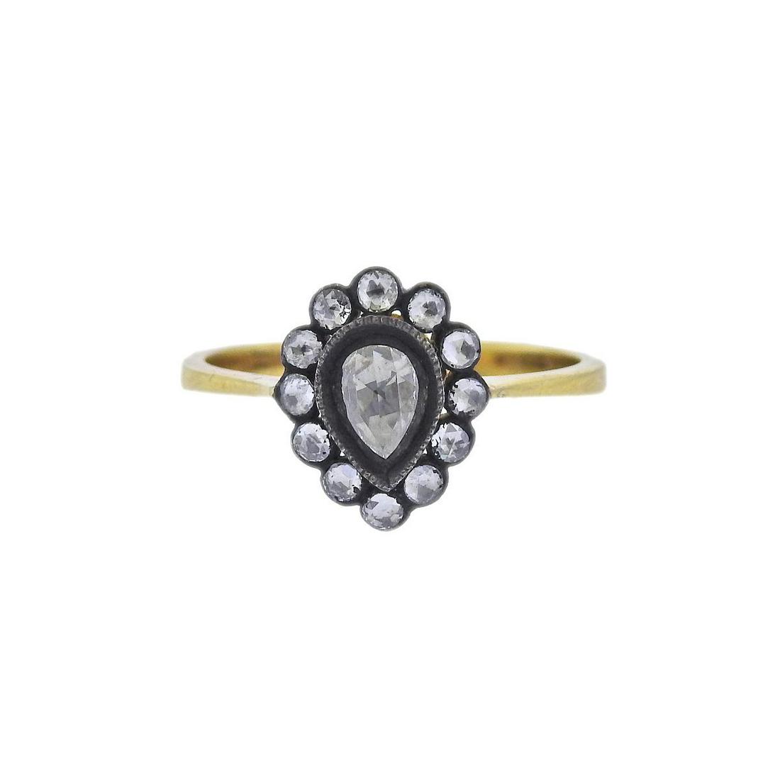 18k Gold Silver Pear Rose Cut Diamond Engagement Ring: Metal : 18k Gold/ Silver Designer : Not Signed Gemstone : Rose cut diamonds - approx. 0.42ctw (center pear is approx. 0.17ct) Measurements : Ring size 7.75, top is 12.5 x 10mm Marked: : 18k