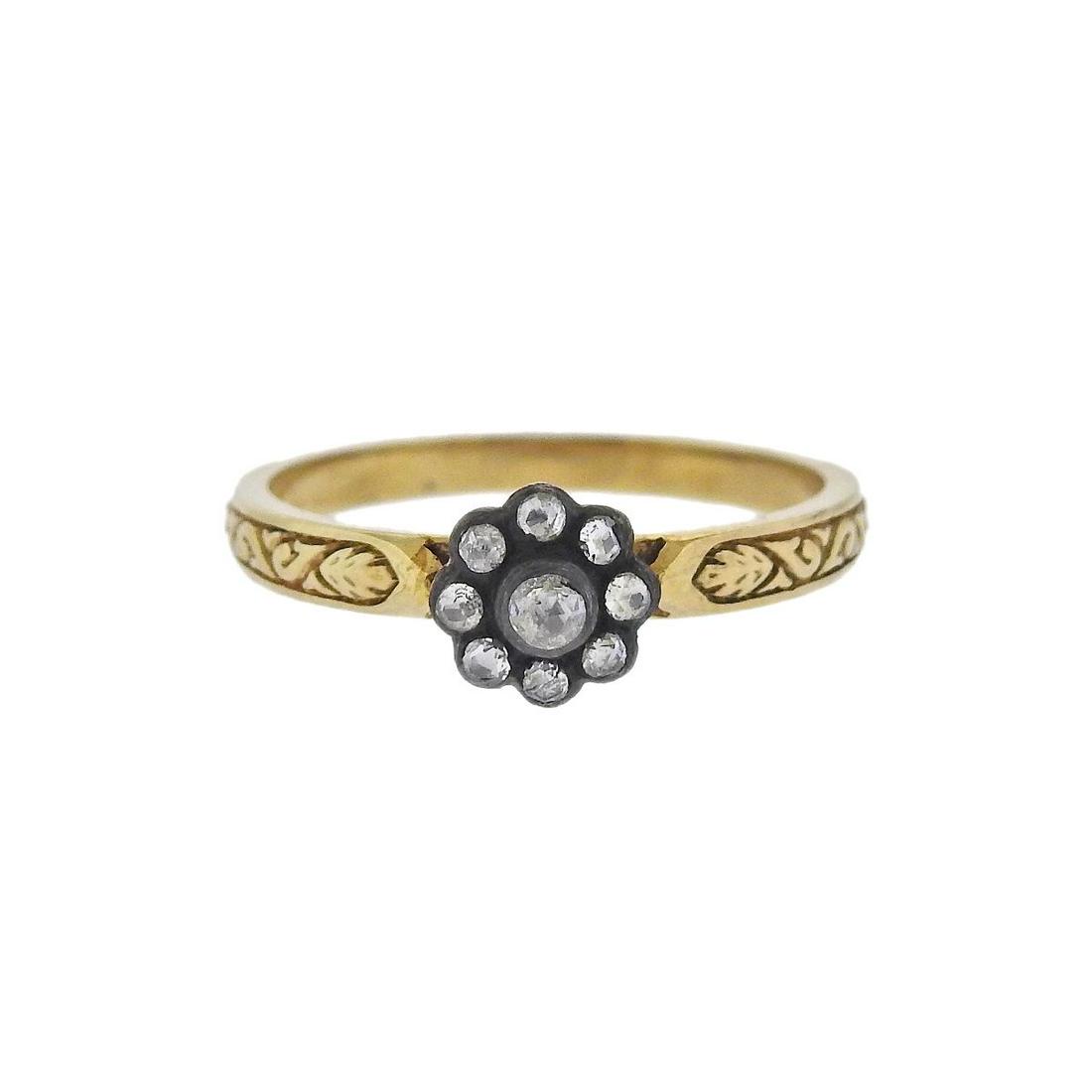 18k Gold Silver Rose Cut Diamond Engagement Flower Ring: Metal : 18k Gold/ Silver Designer : Not Signed Gemstone : Rose cut diamonds approx. 0.13ctw Measurements : Ring size 6.25, top is 6.7mm in diameter Marked: : tested 18k/ silver Wei