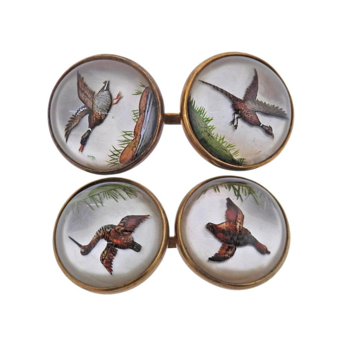 Antique 14k Gold Reverse Painting Duck Crystal Cufflinks (1 of 3)