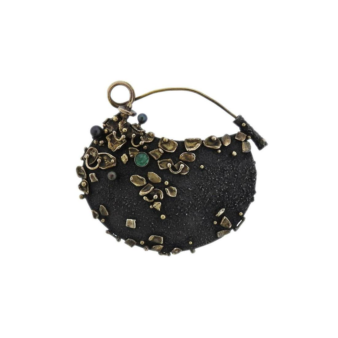 Earl Pardon 14k Gold Sterling Silver Emerald Brooch Pin (1 of 4)