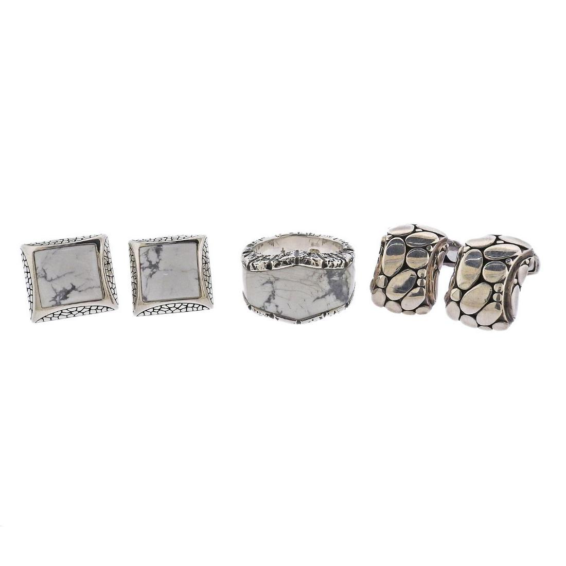 John Hardy Kali Stephen Webster Ring Cufflinks Silver Lot 3pc: Metal : Sterling Silver Designer : Stephen Webster/ John Hardy Gemstone : White hardstone Measurements : Cufflinks measure 15mm x 21mm and 19mm x 17mm. Ring size 11, top is 16mm wide Marked: