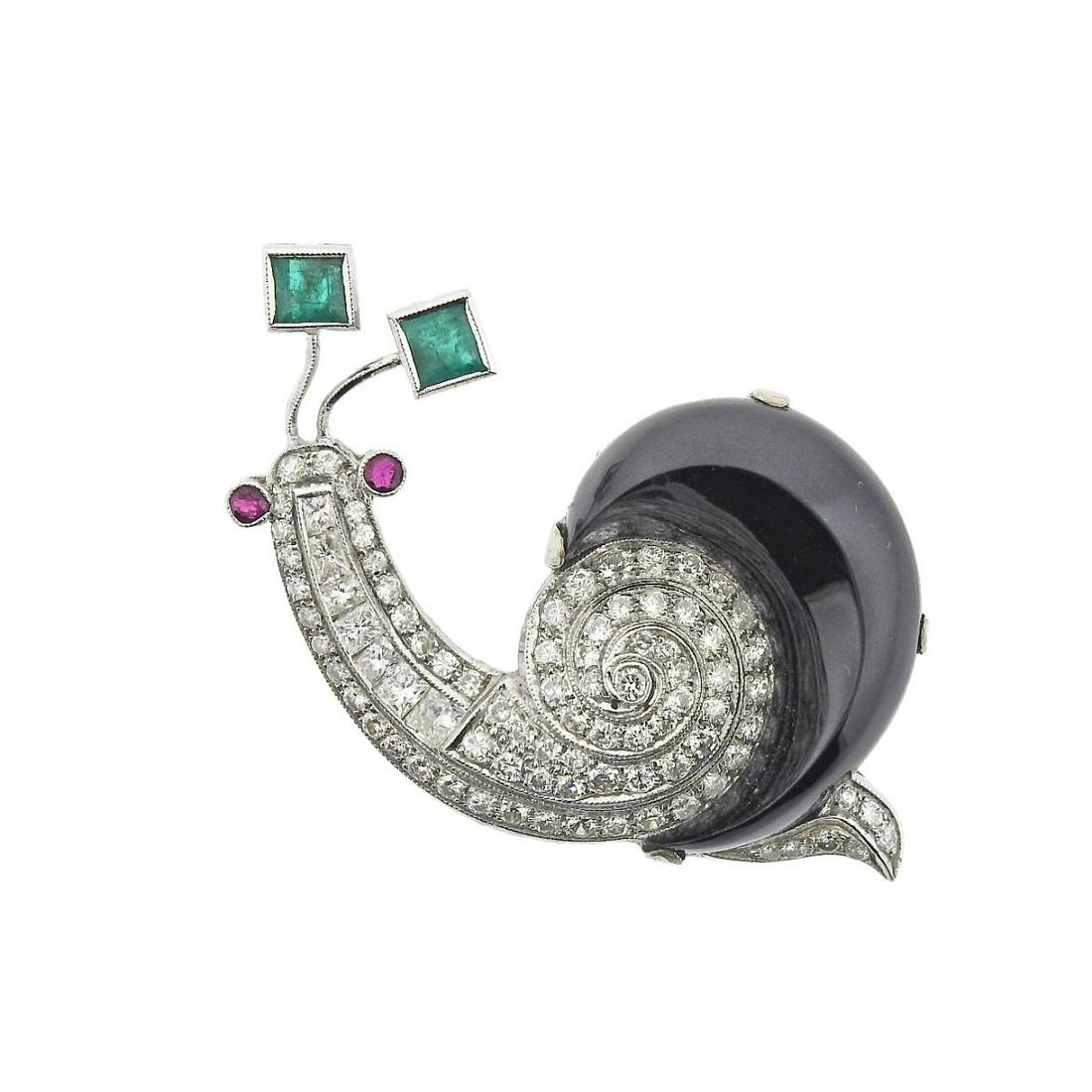 18k Gold Diamond Emerald Onyx Ruby Snail Brooch (1 of 4)