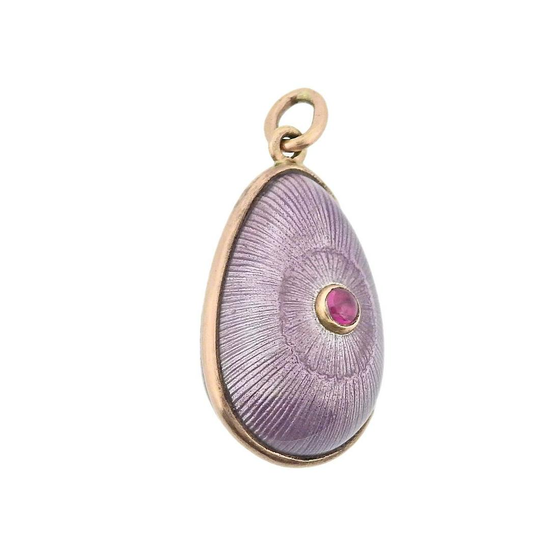 Russian Antique 14k Gold Enamel Ruby Egg Pendant: Metal : 14k Gold Designer : Unknown Gemstone : Ruby Measurements : Pendant is 29mm with bale x 14.5 x 14mm Marked: : 56, B.C. Weight: 4.5 grams