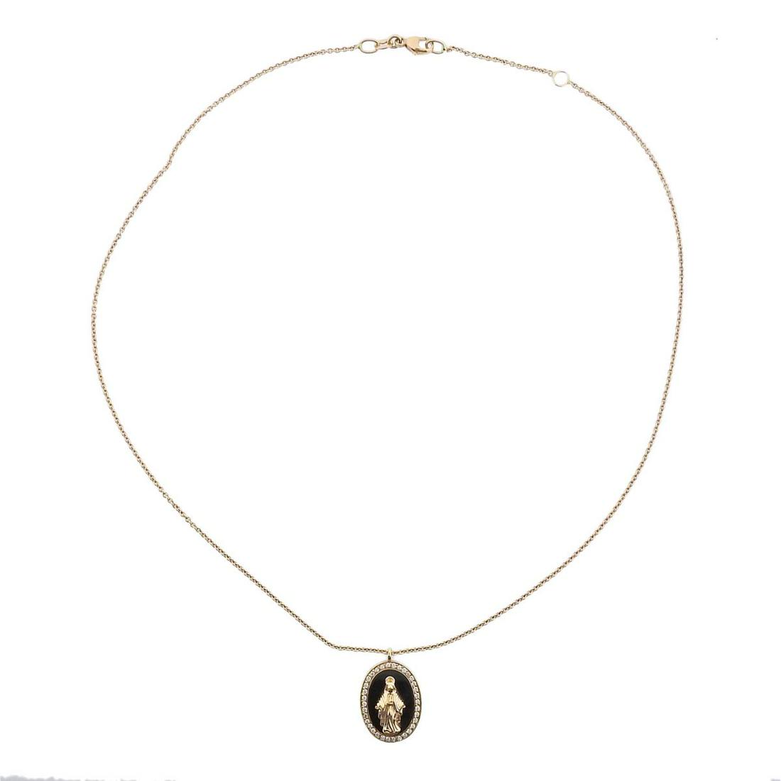 Crivelli Rose Gold Diamond Onyx St. Mary Pendant Necklace: Metal : 18k Gold Designer : Crivelli Gemstone : Diamonds approx. 0.18ctw, Onyx Measurements : Necklace is 17" long, pendant is 18mm x 13mm Marked: : Crivelli, 750, Italian marks We