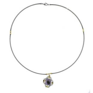 Charriol 18k Gold Steel Diamond Amethyst Pendant Necklace: Metal : 18k Gold/ Stainless Steel Designer : Charriol Gemstone : Diamonds 0.11ctw, Amethyst Measurements : Necklace is 17" long, Pendant - 21mm x 15mm. Marked: : Charriol, Au750, Steel.