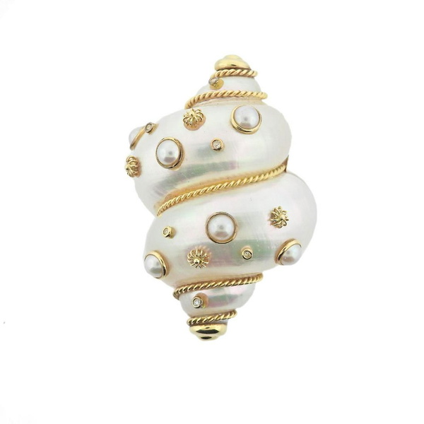 Maz 14k Gold Shell Diamond Pearl Brooch Pin