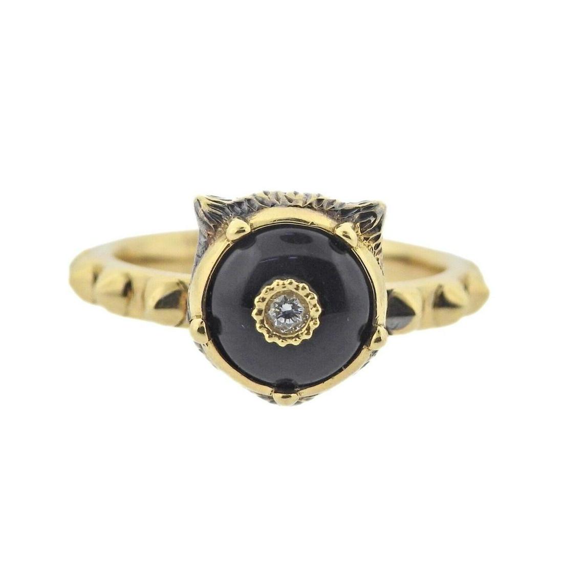Gucci Marche des Marveilles Diamond Onyx 18k Gold Cat Ring (1 of 5)