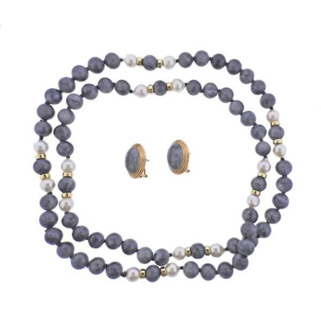 Gump's 14k Gold Gray Jade Pearl Necklace Earrings Set (1 of 4)