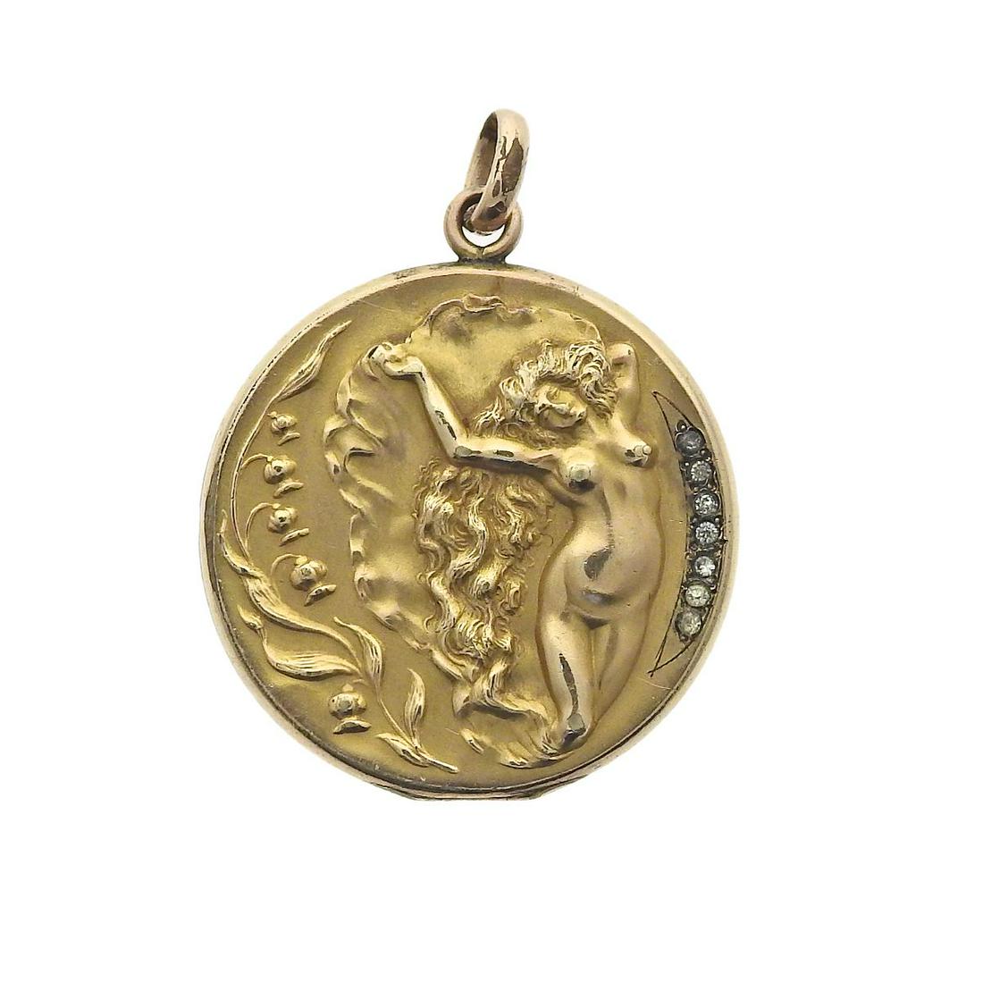 Art Nouveau Gold Filled Diamond Locket Pendant: Metal : Gold Filled Designer : Not Signed Gemstone : Diamonds Measurements : Pendant is 40mm x 35mm Marked: : Tested - Gold filled Weight: 10.3 grams