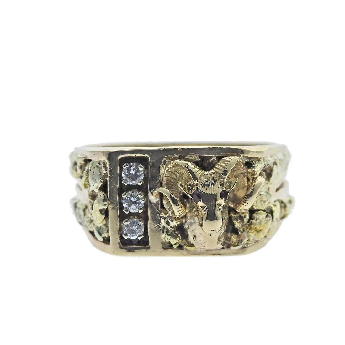 Ram's Head Diamond Ruby Men's Gold Ring (1 of 3)