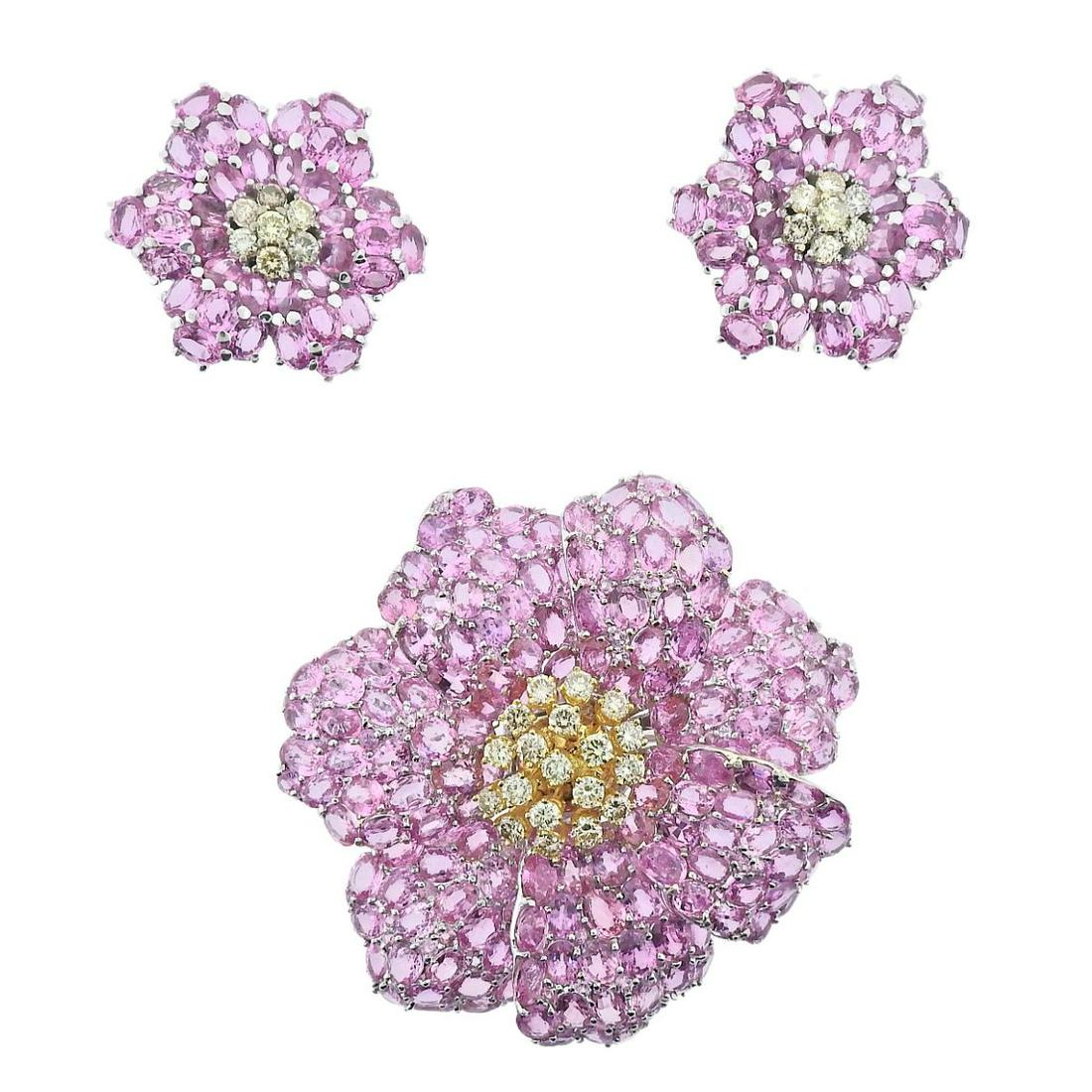 Pink Sapphire Fancy Diamond Gold Brooch Earrings Set (1 of 8)