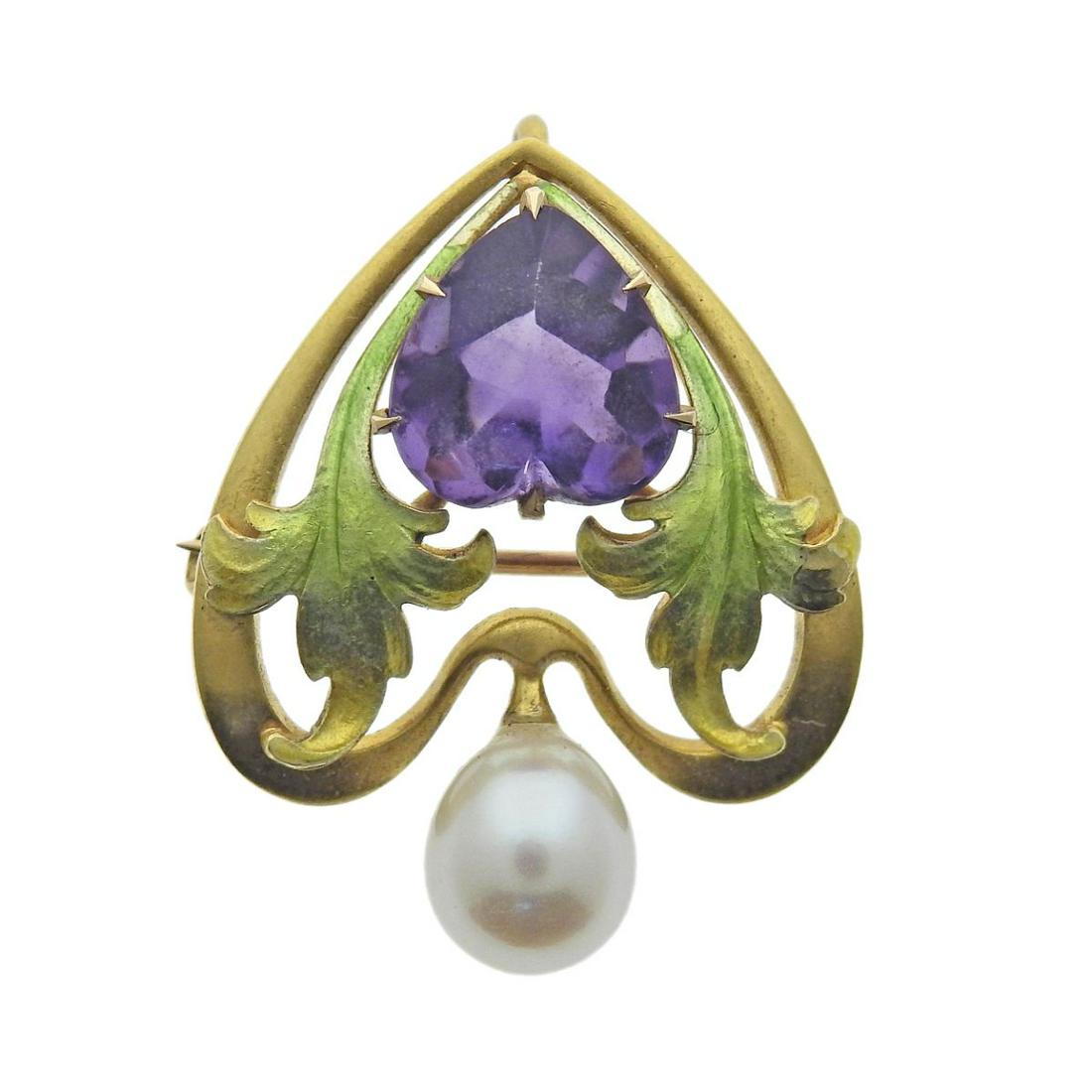 Art Nouveau 14k Gold Amethyst Pearl Heart Brooch Pendant (1 of 3)