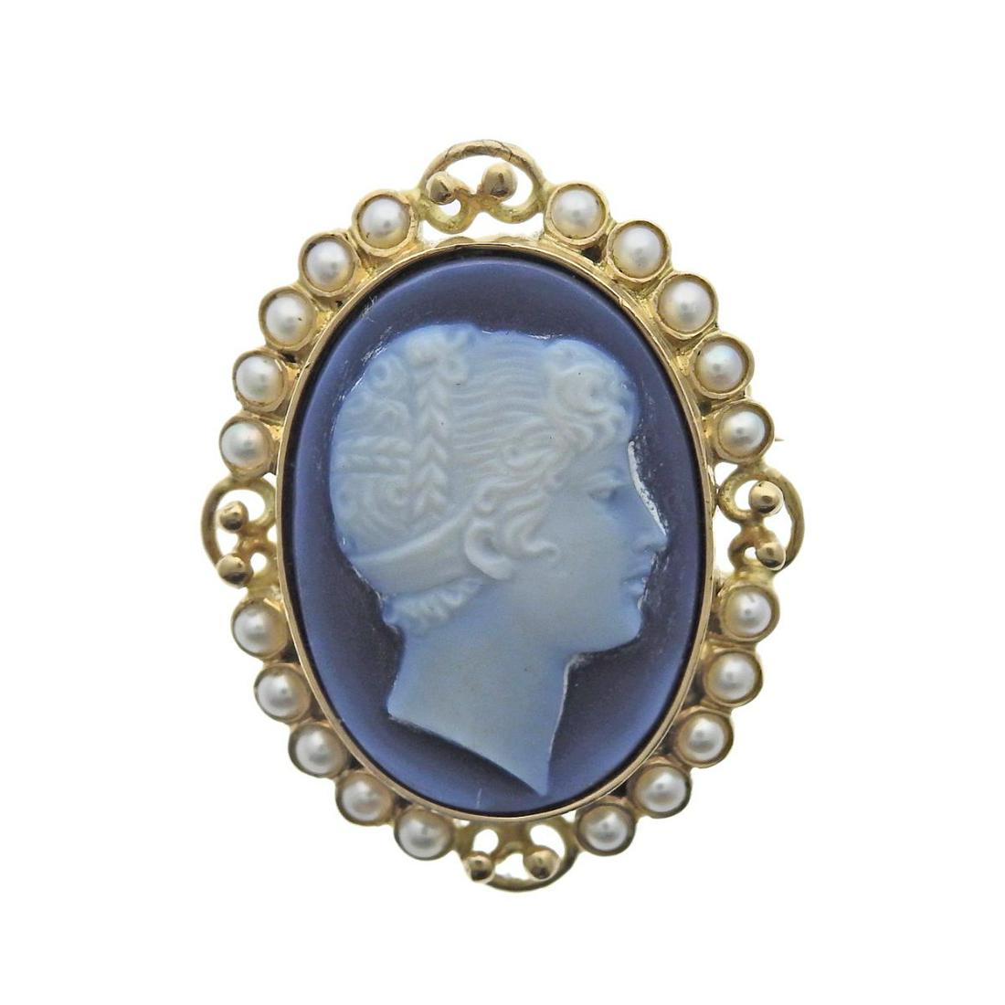 Castellani Gold Pearl Agate Cameo Brooch Pendant (1 of 4)