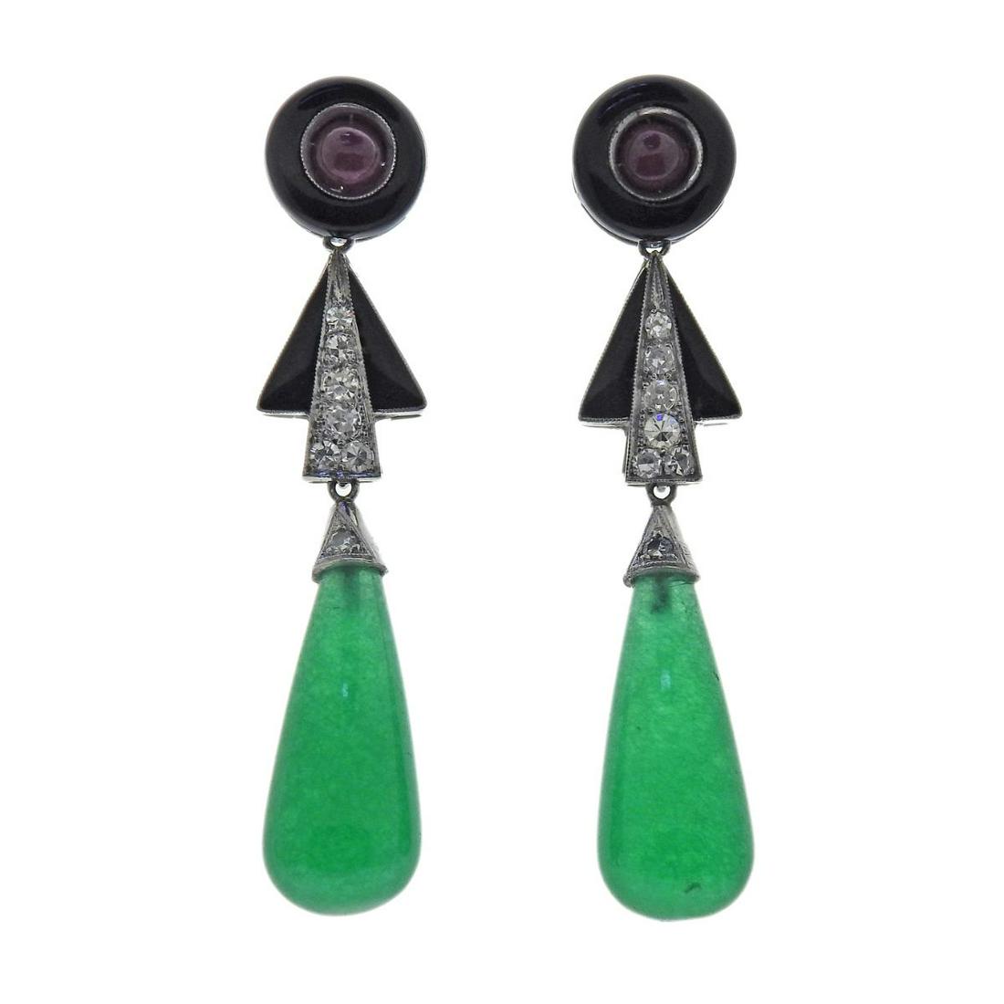 Platinum Diamond Onyx Ruby Emerald Drop Earrings (1 of 4)