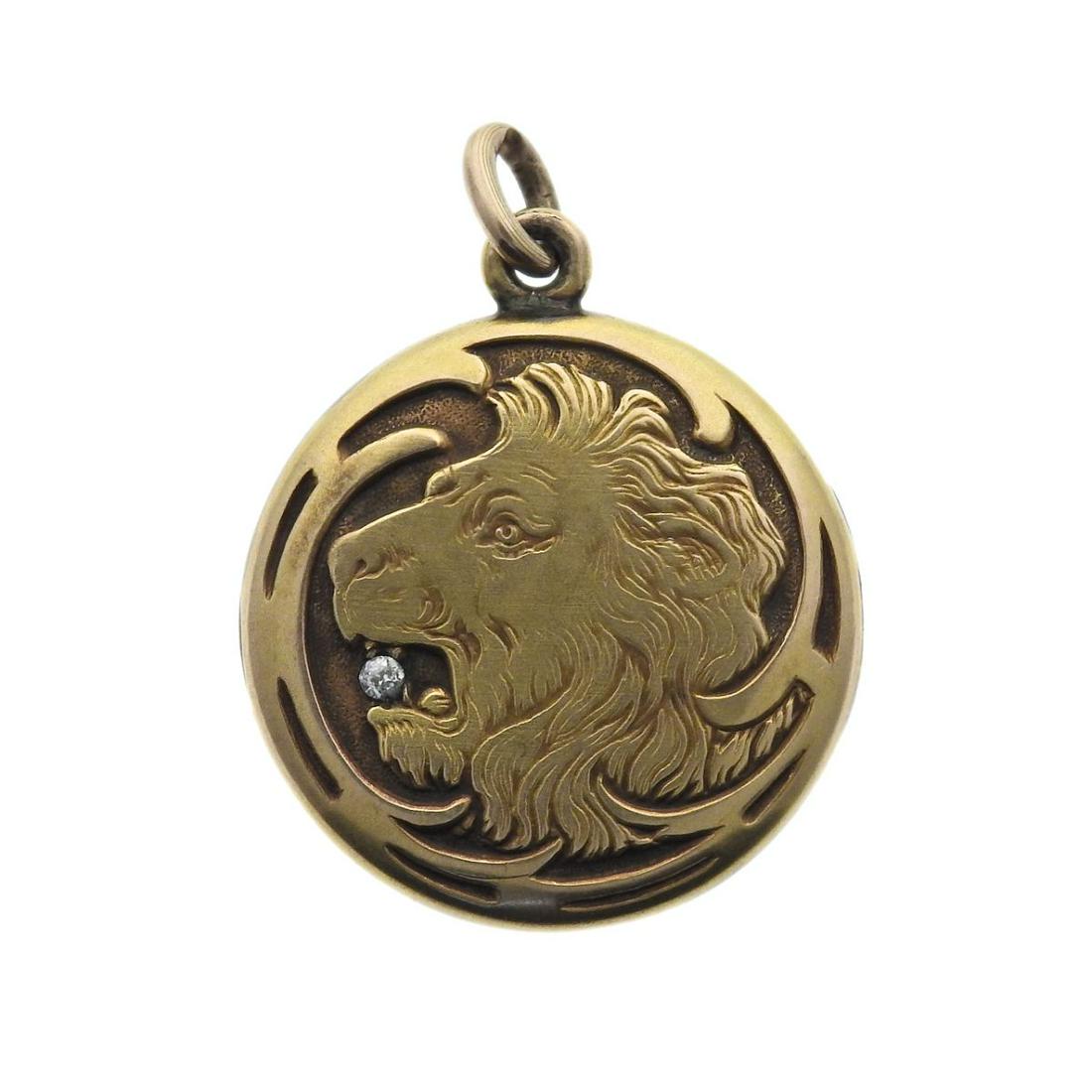 Antique Art Nouveau 14k Gold Diamond Lion Locket Pendant (1 of 4)