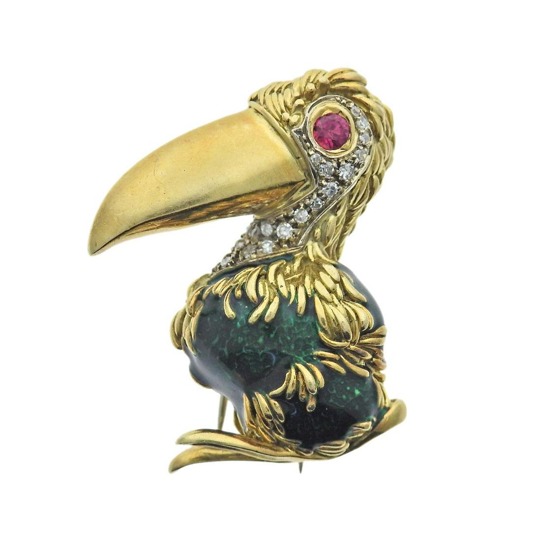 Frascarolo 18k Gold Diamond Ruby Enamel Pelican Brooch (1 of 4)