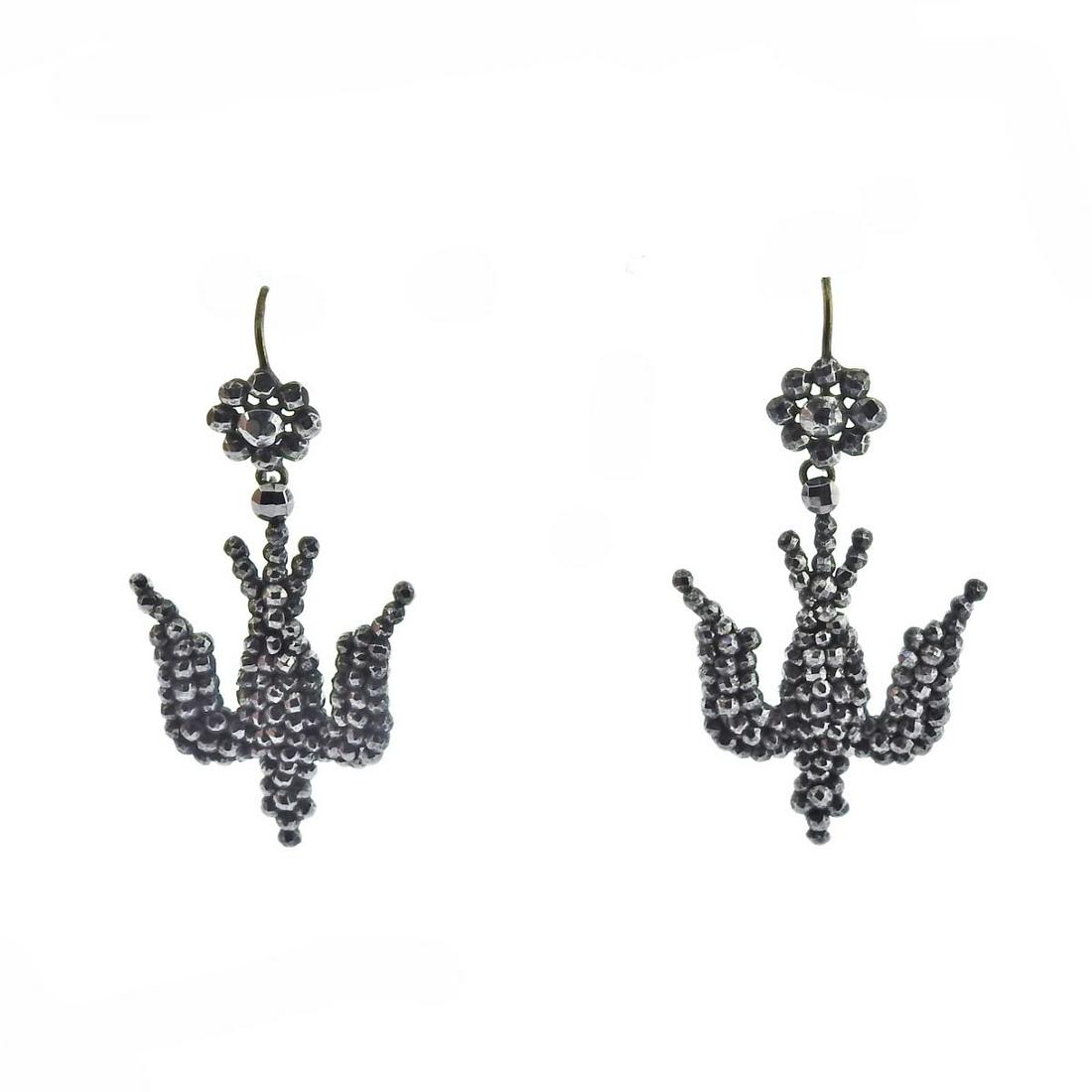 Antique Marcasite Bird Earrings: Metal : Base Metal Designer : Not Signed Gemstone : Marcasite Measurements : Earrings are 45mm x 23mm Marked: : n/a Weight: 4.8 grams