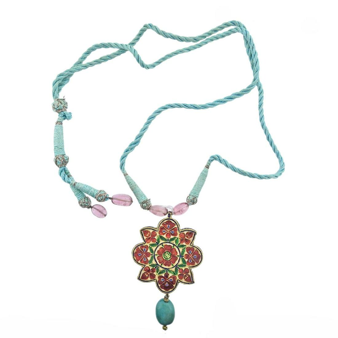 Indian High Karat Gold Turquoise Diamond Pendant Necklace (1 of 6)