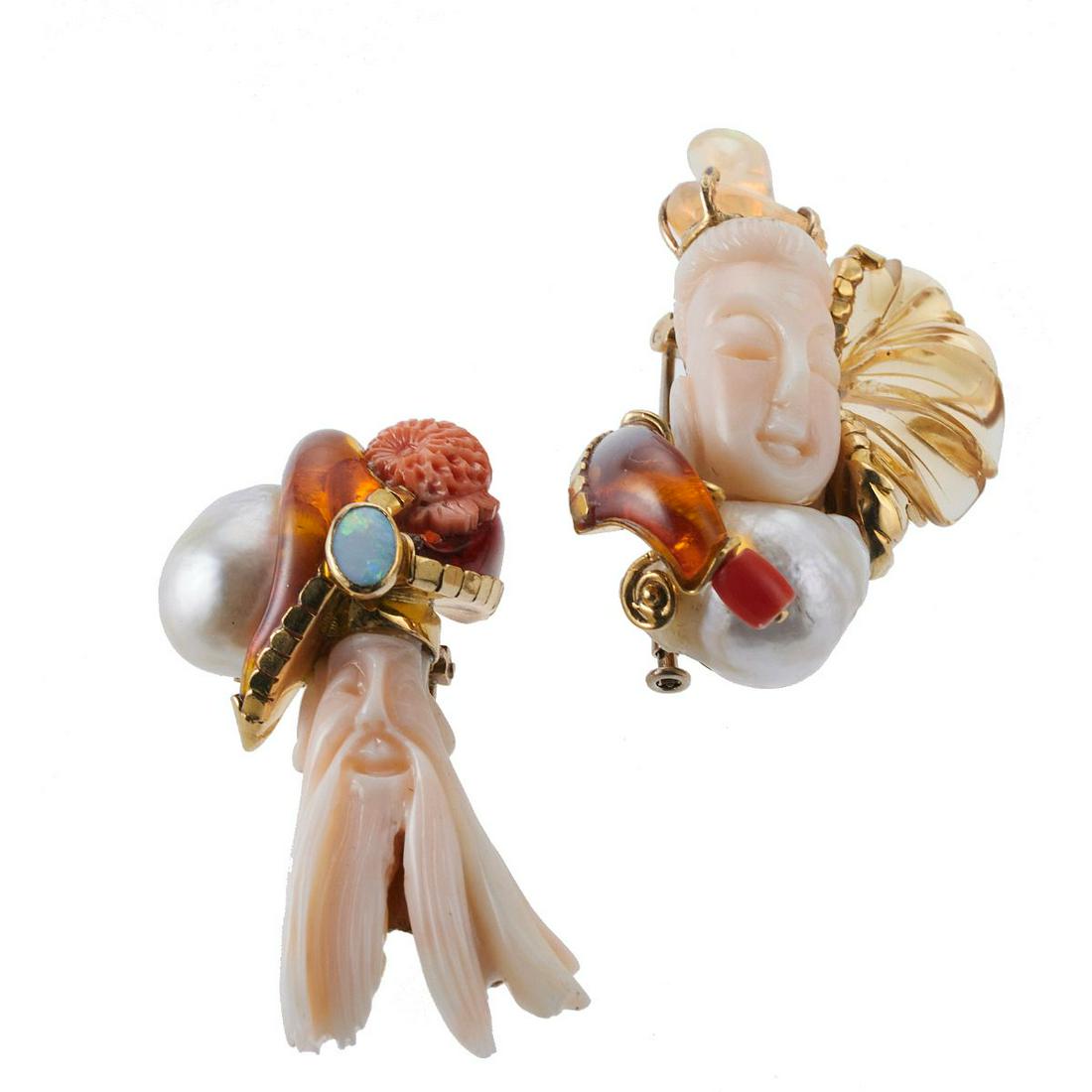 Sorab & Roshi 18k Gold Coral Amber Opal Pearl Brooch Set of 2 (1 of 7)