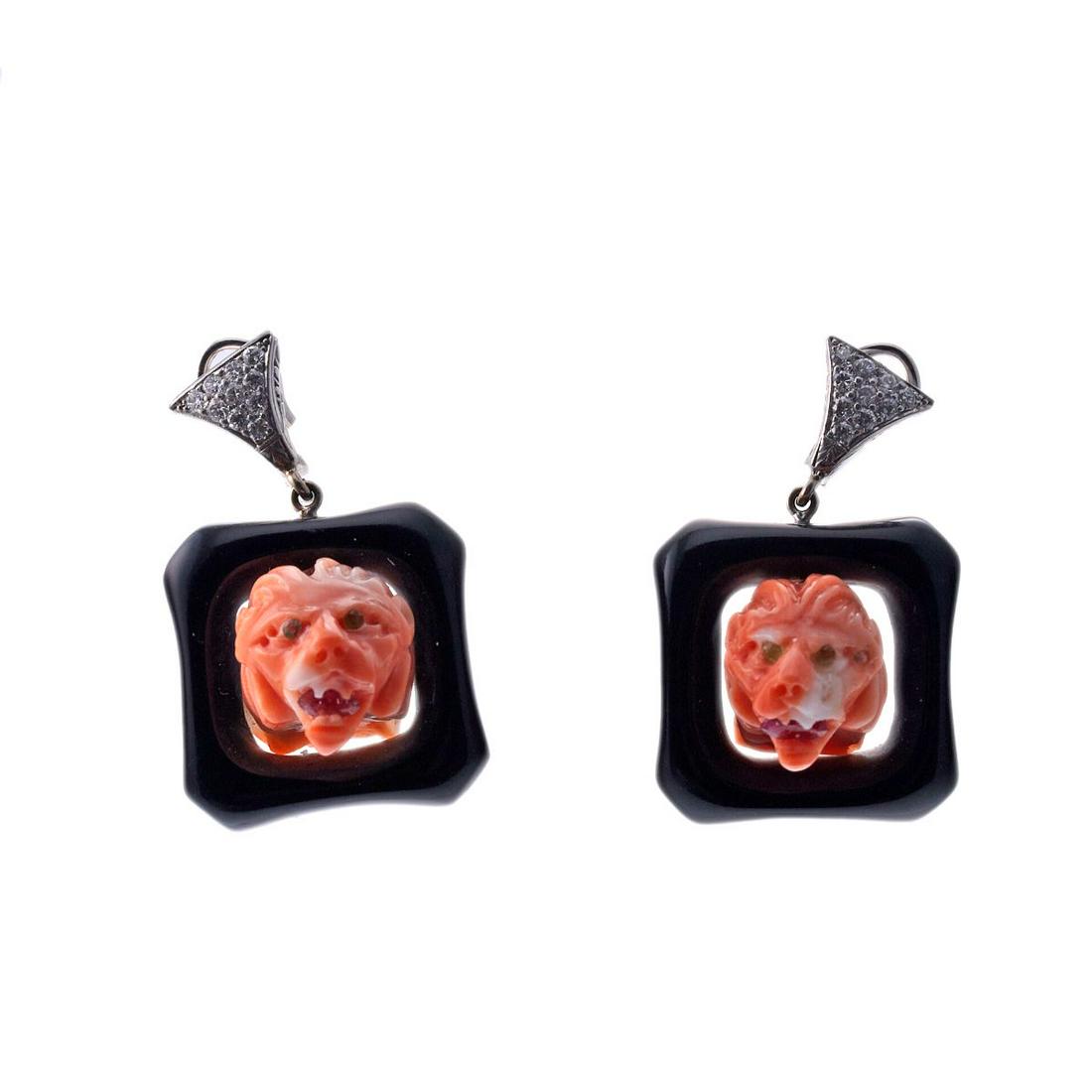 14k Gold Coral Onyx Diamond Ruby Lion Earrings (1 of 3)