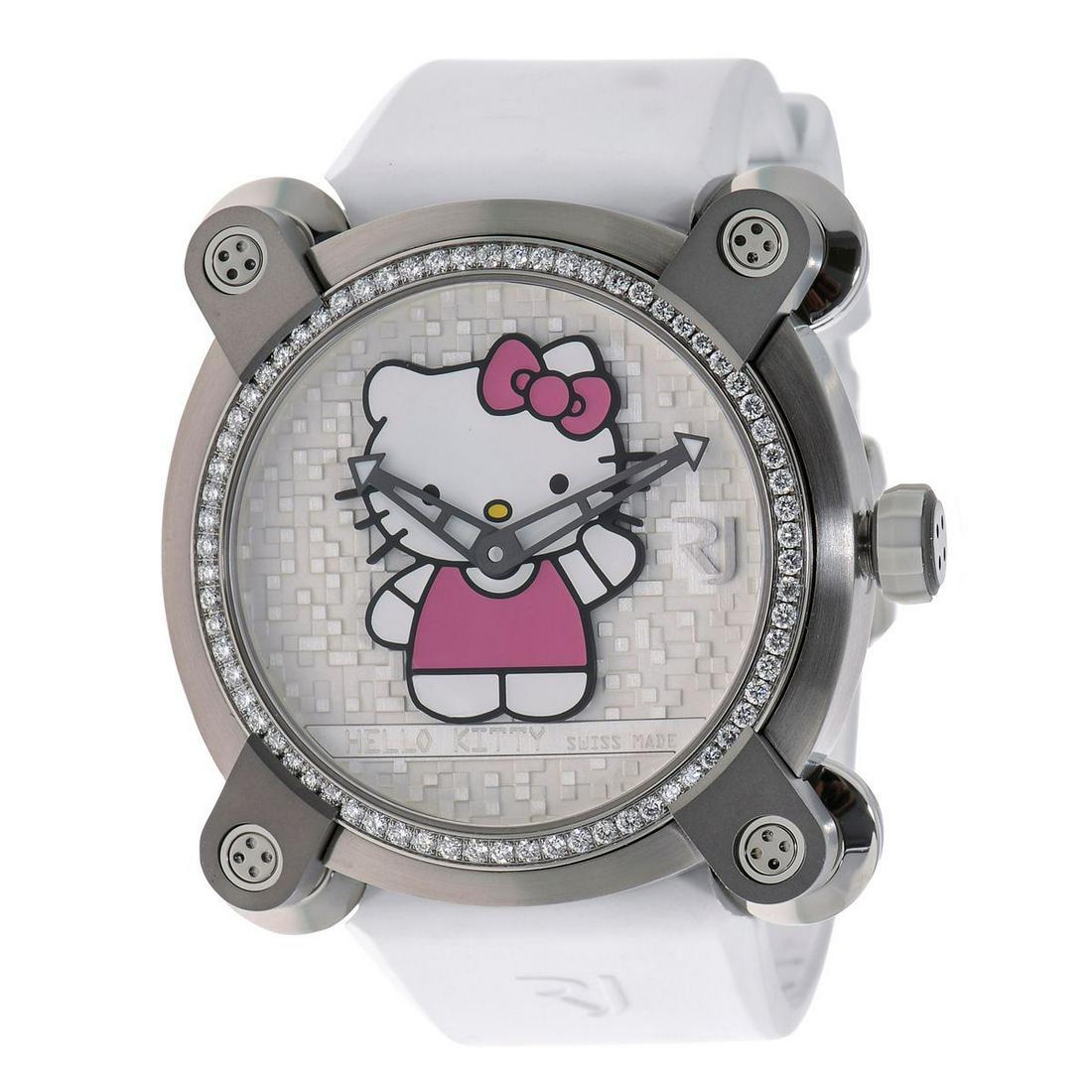 Romain Jerome Diamond Hello Kitty Automatic Women's Watch RJ.M.AU.IN.023.03 70/76: Metal : Stainless Steel Designer : Romain Jerome Movement : Automatic- working order Measurements : 40mm case Reference/Model: : RJ.M.AU.IN.023.03 70/76/ Hello Kitty Functions: : H