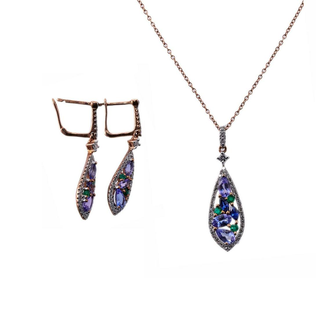 Kallati Gold Tanzanite Emerald Diamond Pendant Necklace Earrings Set (1 of 2)