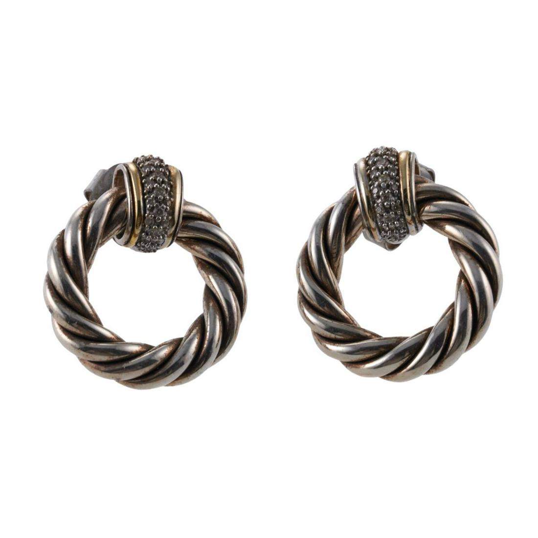 David Yurman Diamond Silver Gold Cable Classic Earrings (1 of 3)