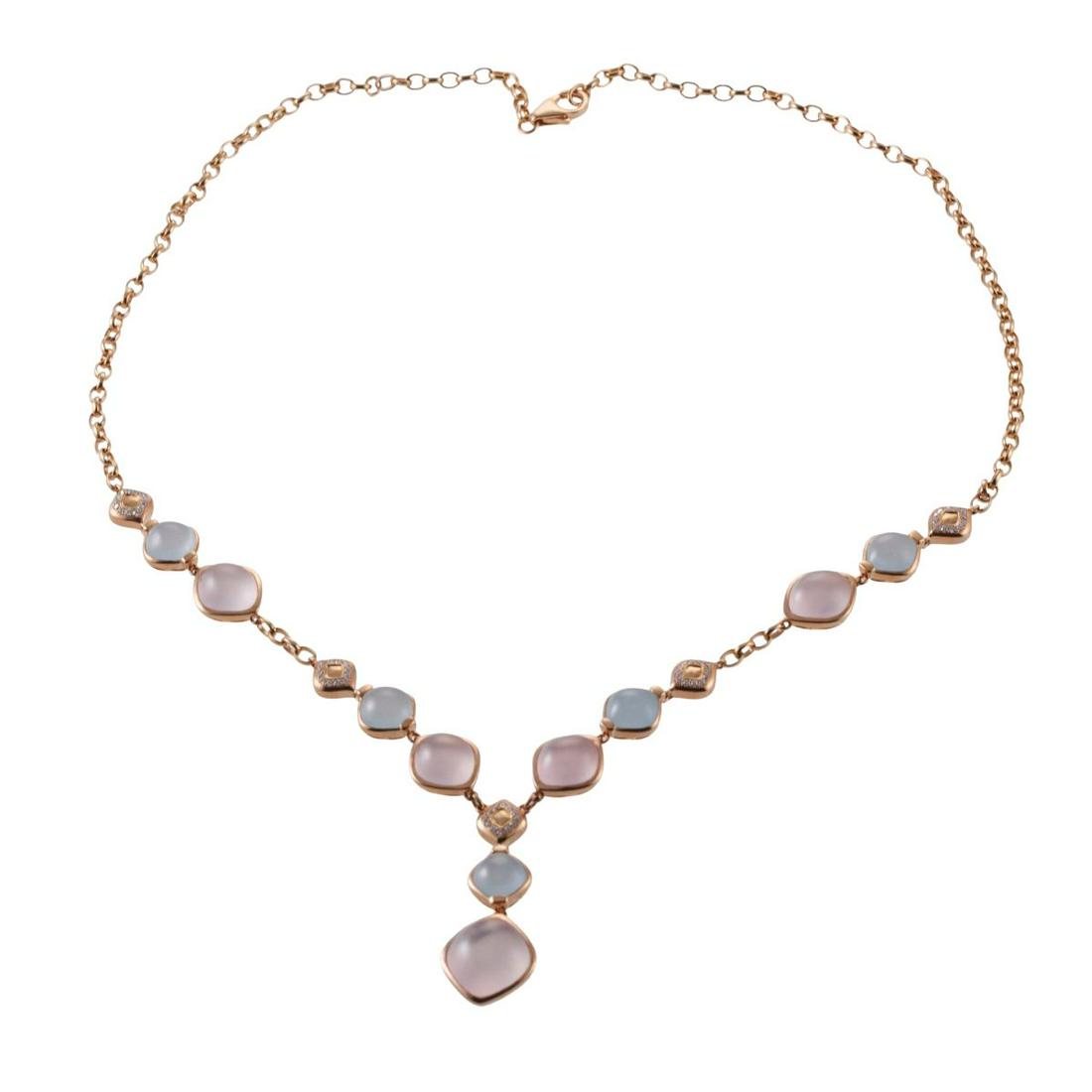 Bucherer 18k Gold Diamond Rose Quartz Aquamarine Necklace: Metal : 18k Rose Gold Designer : Bucherer Gemstone : Diamonds approx. 0.30ctw H-VS. Rose quartz approx. 17.76ctw, Aquamarine approx. 9.76ctw Measurements : Necklace is 18" long, Drop - 37mm lon