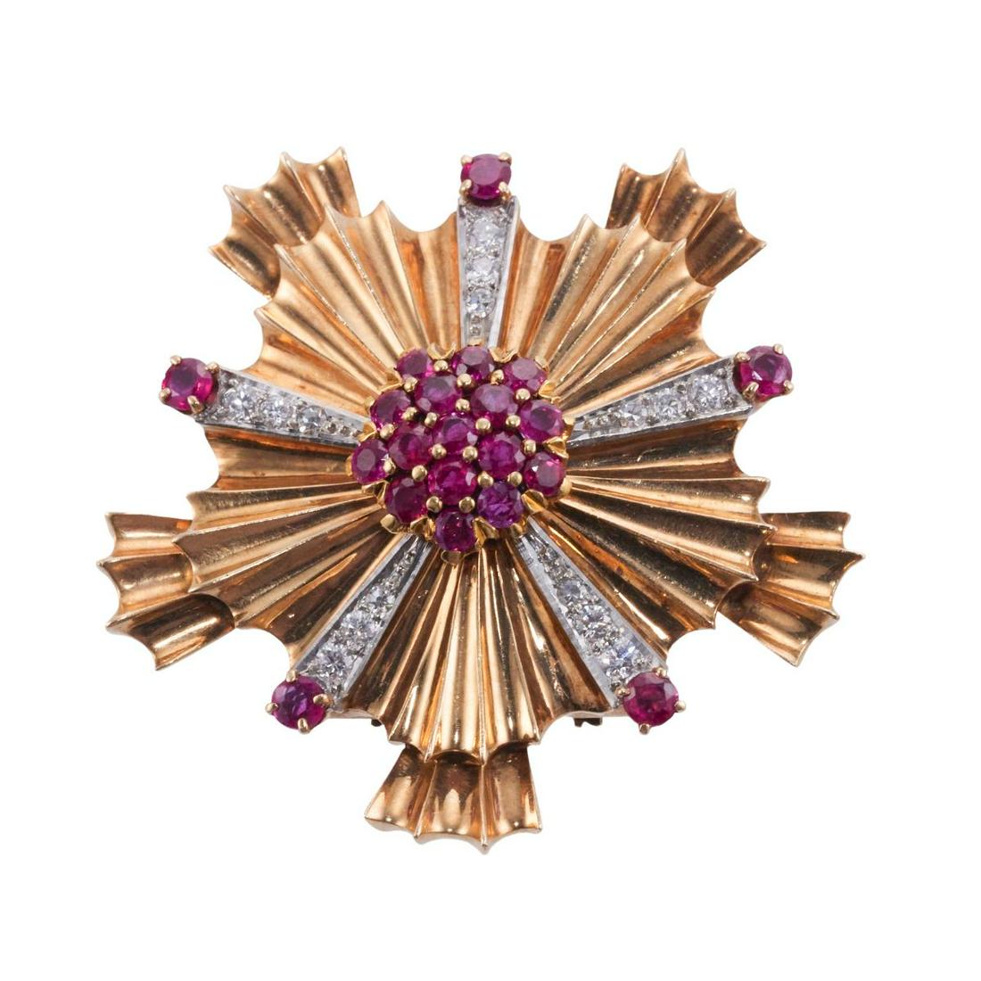 Tiffany & Co Retro 14k Gold Ruby Diamond Brooch Pin (1 of 3)