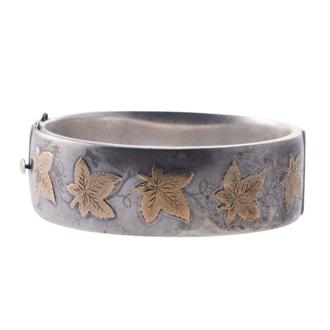 Antique English Silver Gold Leaf Bangle Bracelet (1 of 4)