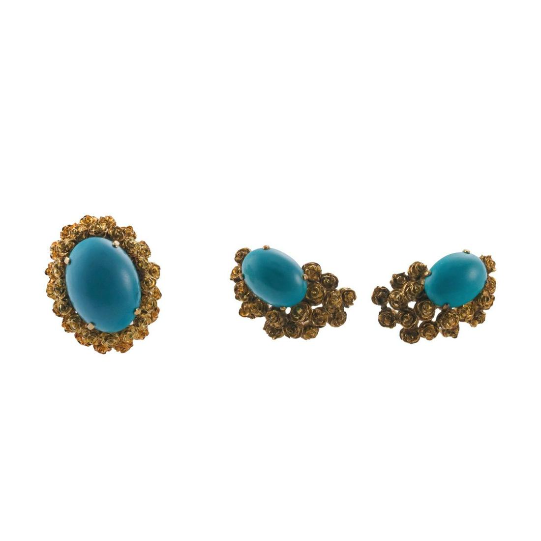 1960s Turquoise 14k Gold Earrings Ring Set (1 of 5)