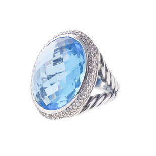 David Yurman Diamond Blue Topaz Silver Ring: Metal  : Sterling Silver  Designer  : David Yurman  Gemstone  : Diamonds approx. 0.77ctw. Blue topaz (stone is slightly loose in setting)  Measurements  : Ring size 7, top is 30mm wide  Marked:  : D.